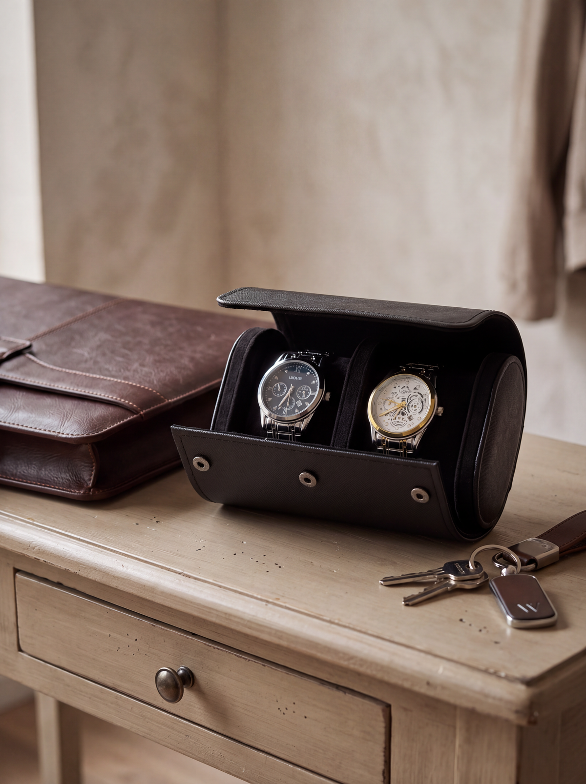 Boîte à Montre Homme 2 Compartiments Cuir Noir Croisé – Fabrication Artisanale