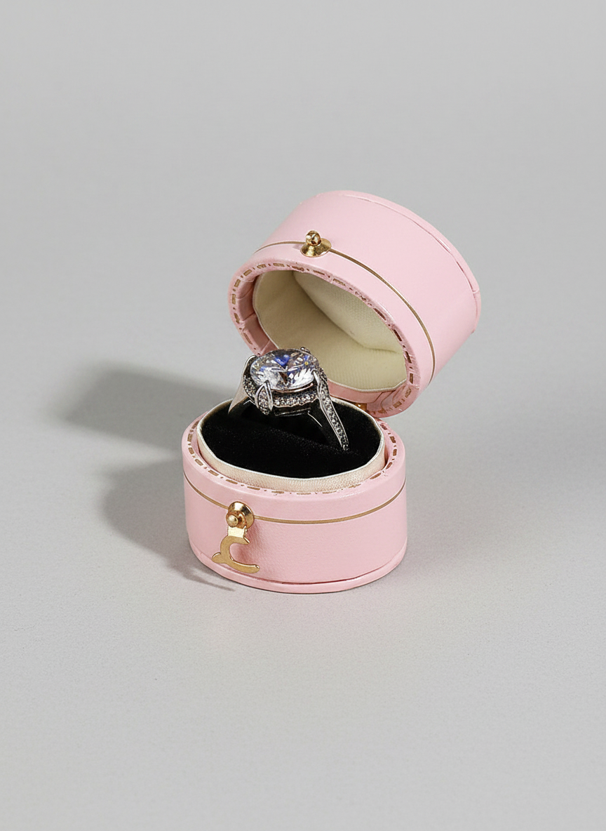 Écrin à bague mini rétro rose avec bague de fiançailles