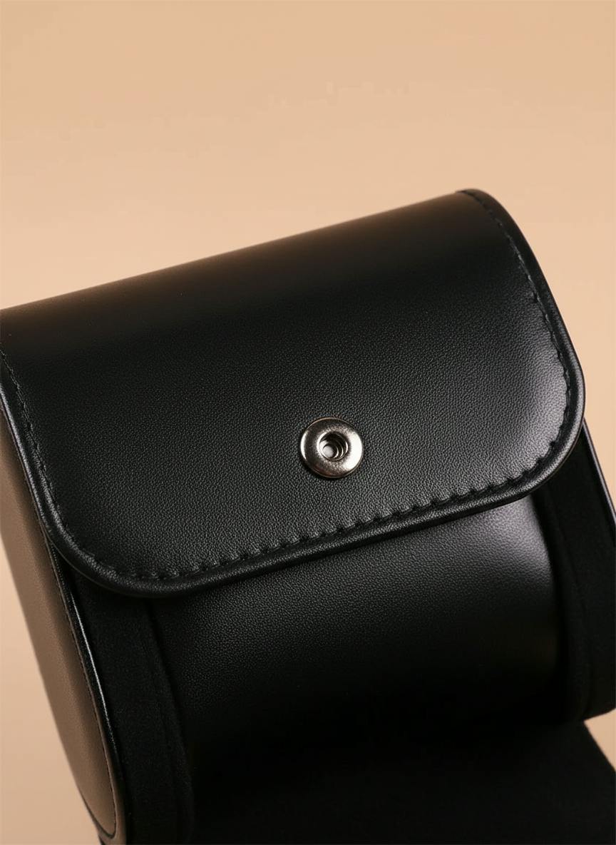 Zoom sur le cuir PU, les coutures et le bouton-pression