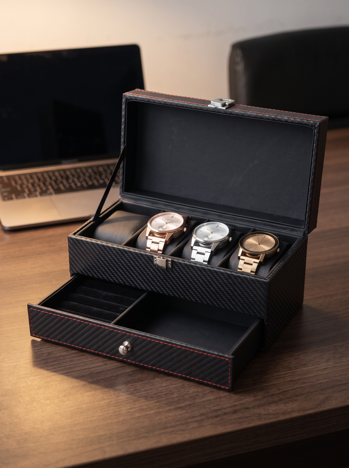 Boîte à Montre Homme Double Niveau Premium Cuir PU Noir – Coffret Cadeau