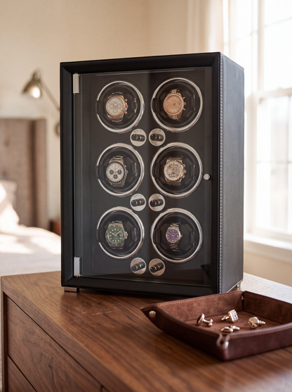 Remontoir 6 Montres Cuir Noir