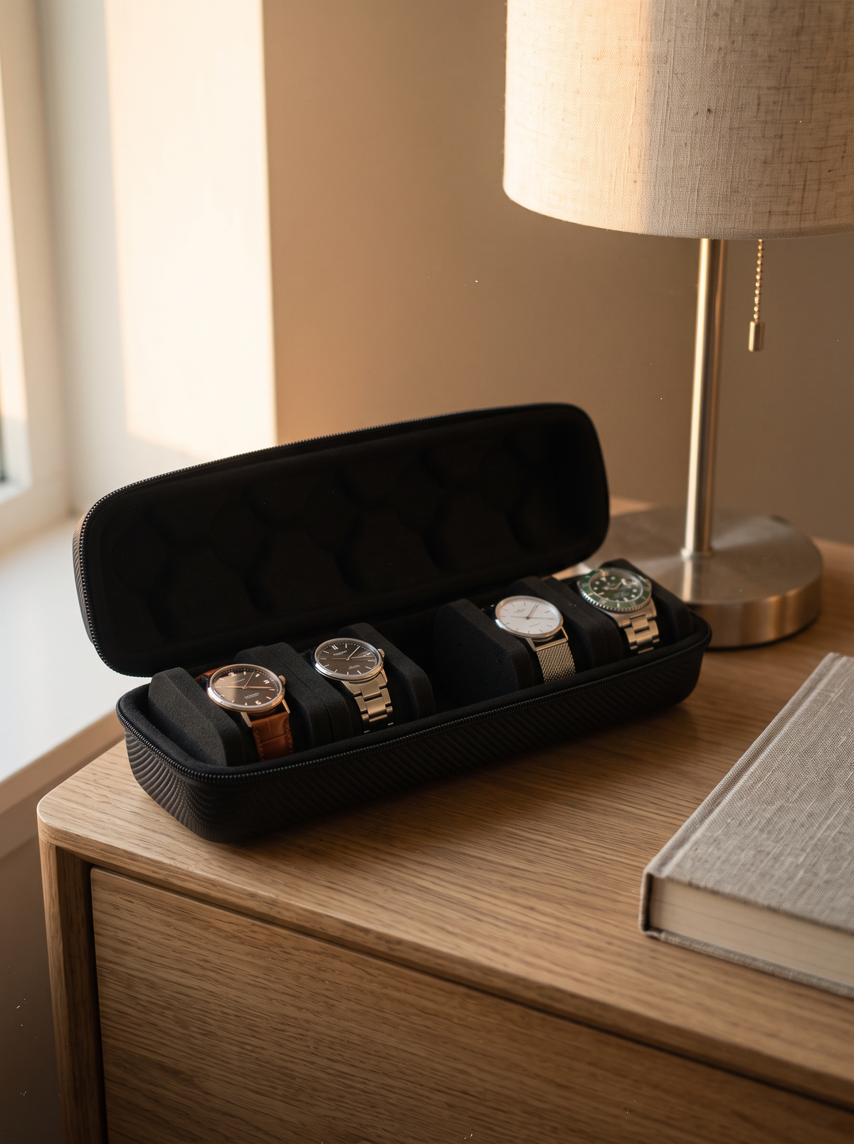 Boîte à Montre Homme 5 Compartiments Ronde Noire – Coque Rigide Cadeau