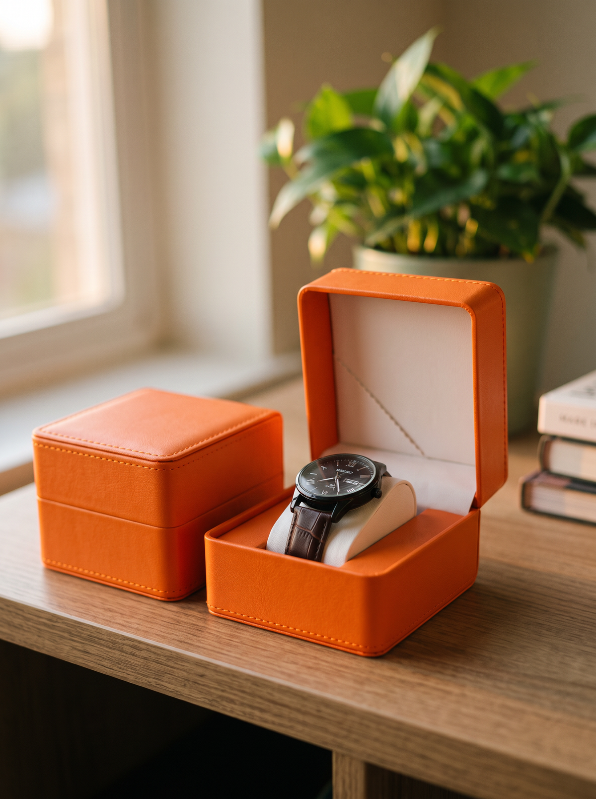 Boîte à Montre Homme 1 Montre Cuir PU Orange – Présentoir Cadeau