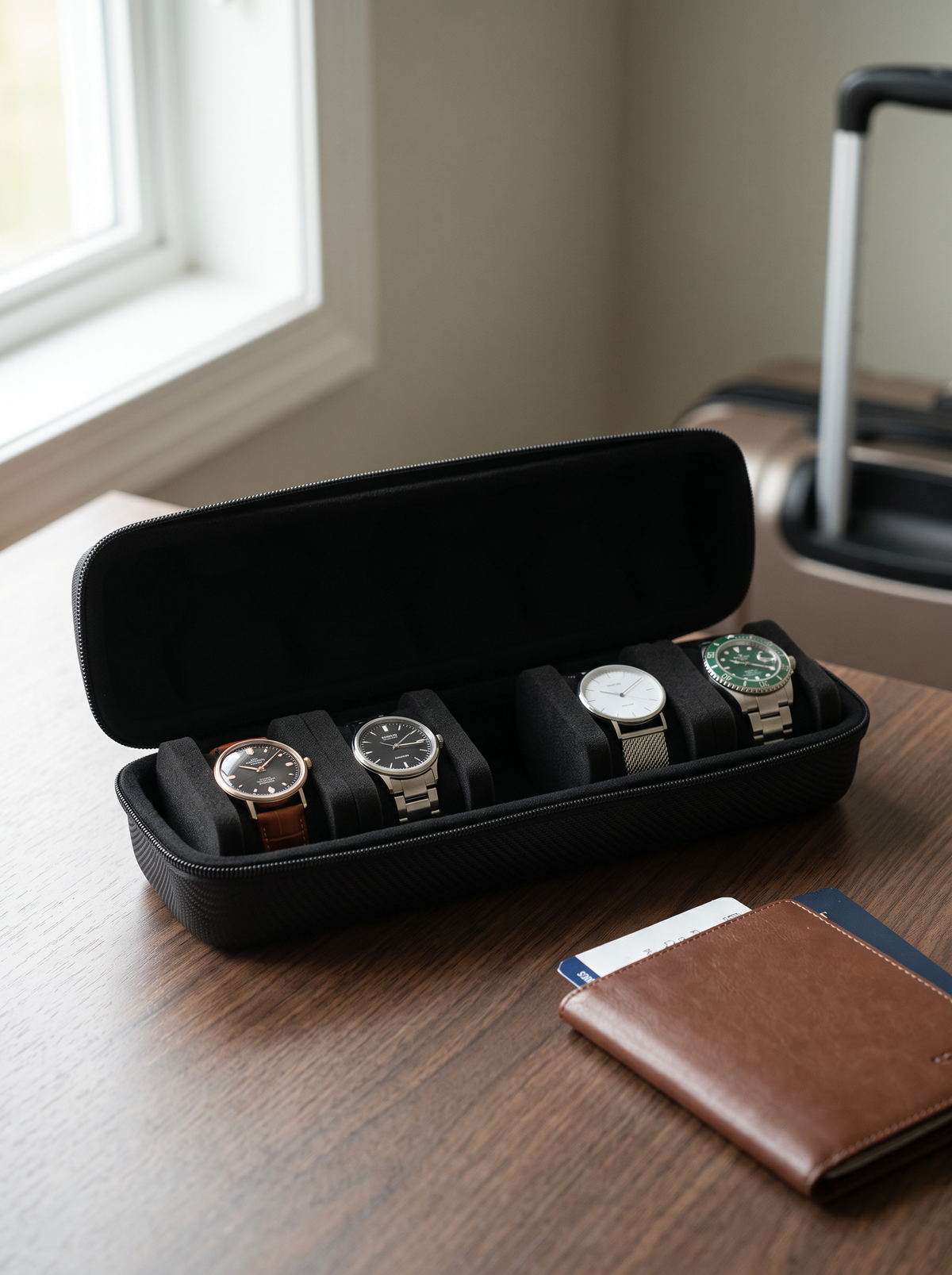 Boîte à Montre Homme 5 Compartiments Ronde Noire – Coque Rigide Cadeau