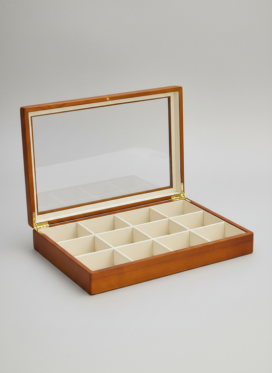 Boîte à bijoux bois beige rétro 12 grilles