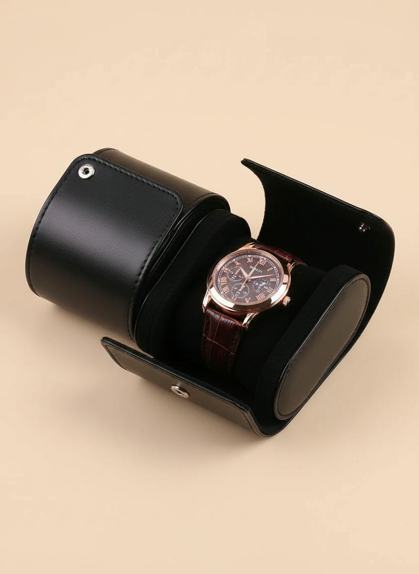 Étui à montre rond cuir PU noir ouvert avec montre, fond beige
