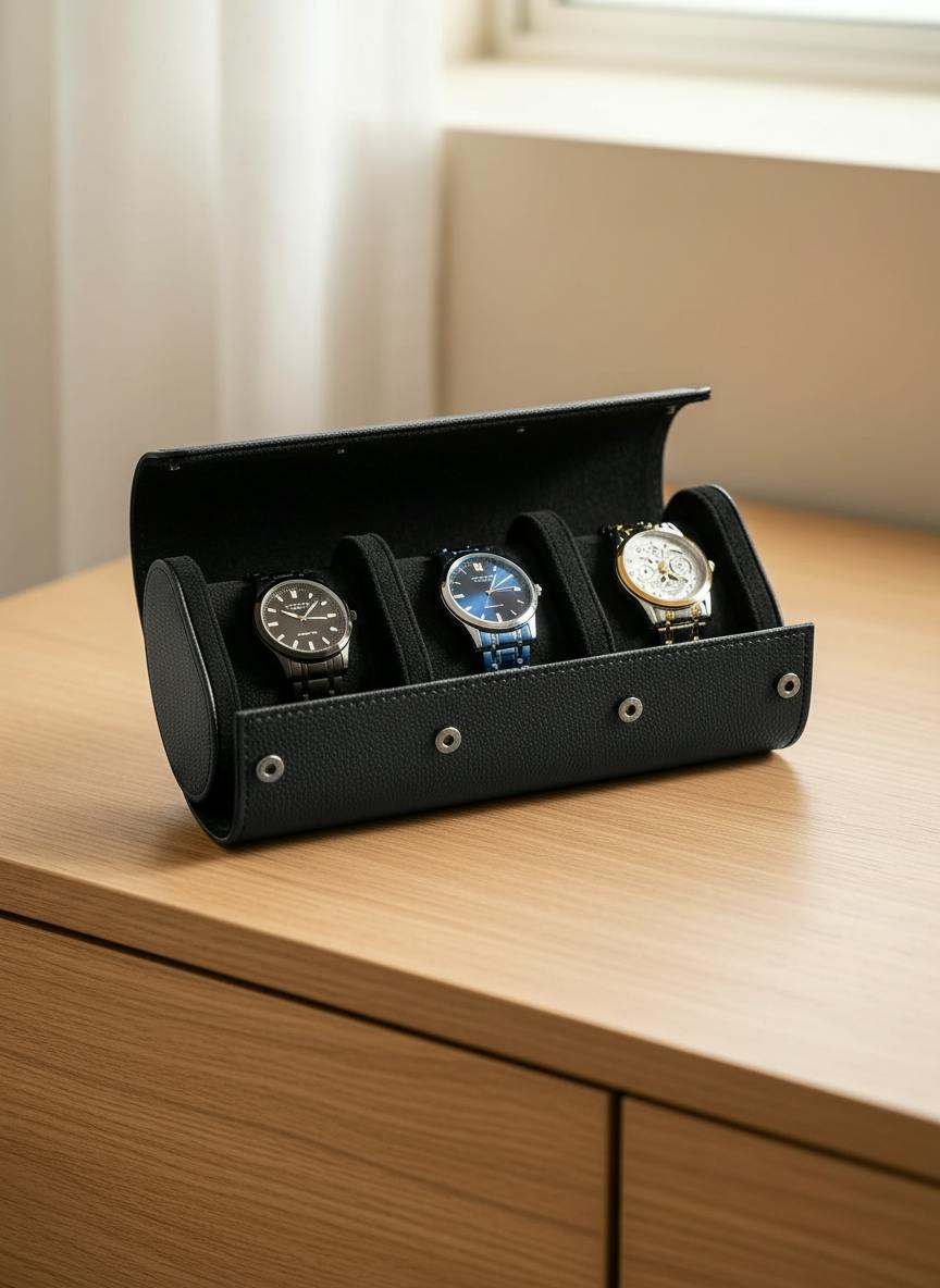 Boîte à 3 montres cuir noir sur commode en chêne