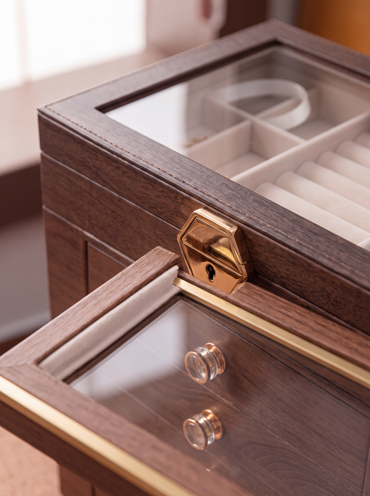Boîte à Bijoux Multi-Niveaux 6 Étages – Fenêtres, Style Bois Vintage