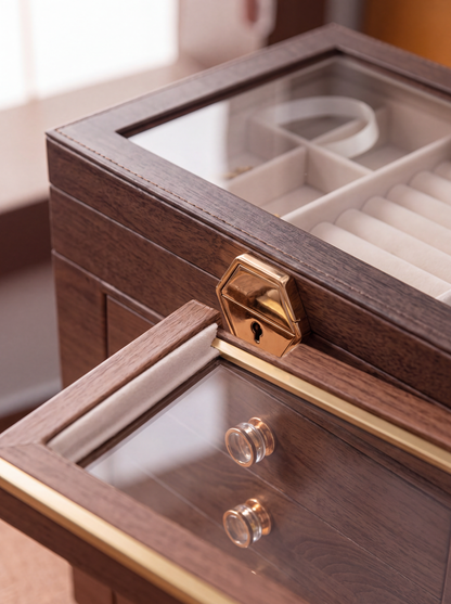 Boîte à Bijoux Multi-Niveaux 6 Étages – Fenêtres, Style Bois Vintage