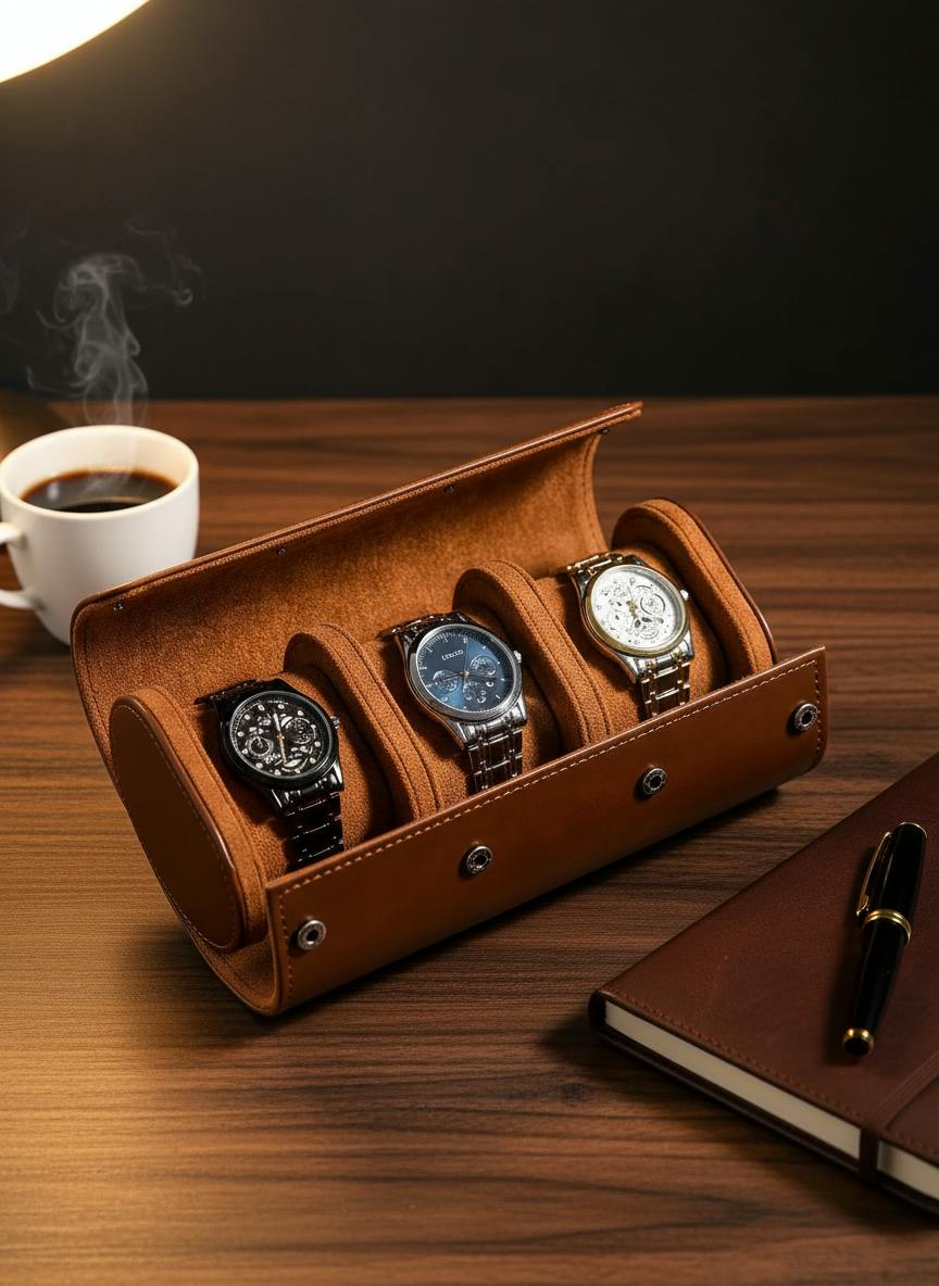 Boîte à 3 montres cuir marron sur bureau, idée cadeau