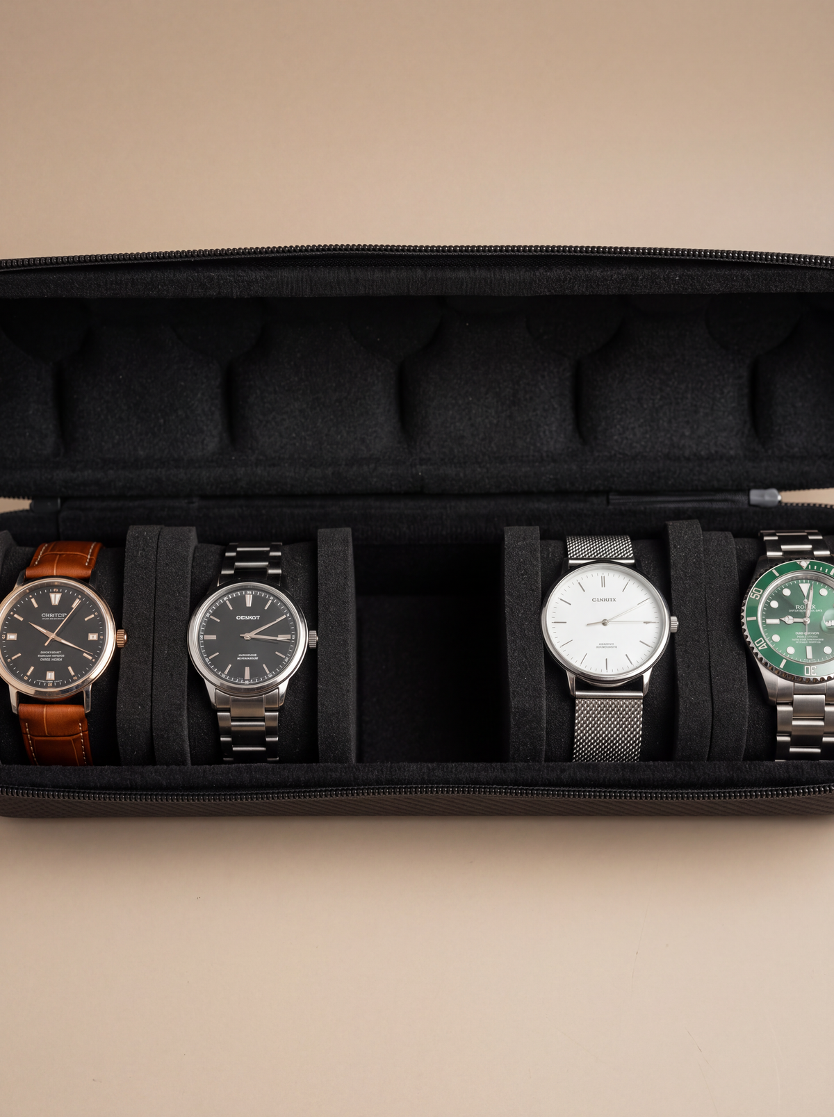 Boîte à Montre Homme 5 Compartiments Ronde Noire – Coque Rigide Cadeau