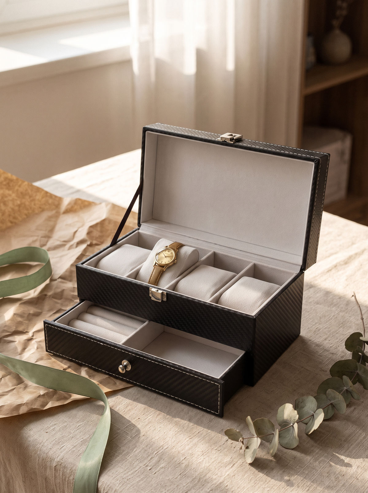 Boîte à Montre Homme Double Niveau Cuir PU Noir – Coffret Cadeau avec Coussin