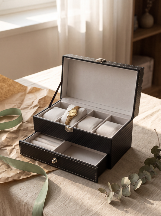 Boîte à Montre Homme Double Niveau Cuir PU Noir – Coffret Cadeau avec Coussin