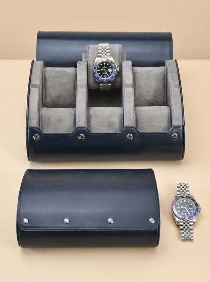 Boîte à Montre Homme 6 Compartiments Cuir PU Bleu Nuit – Écrin de Voyage Compact