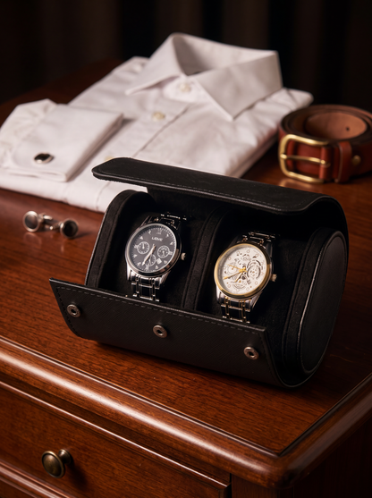 Boîte à Montre Homme 2 Compartiments Cuir Noir Croisé – Fabrication Artisanale