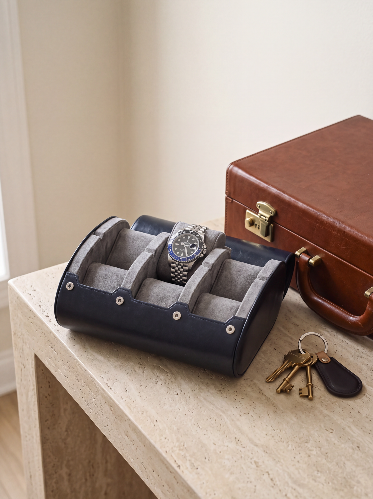 Boîte à Montre Homme 6 Compartiments Cuir PU Bleu Nuit – Écrin de Voyage Compact