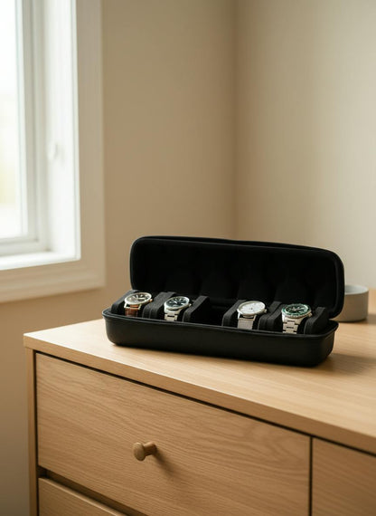 Coffret 5 montres coque rigide noire sur commode en chêne