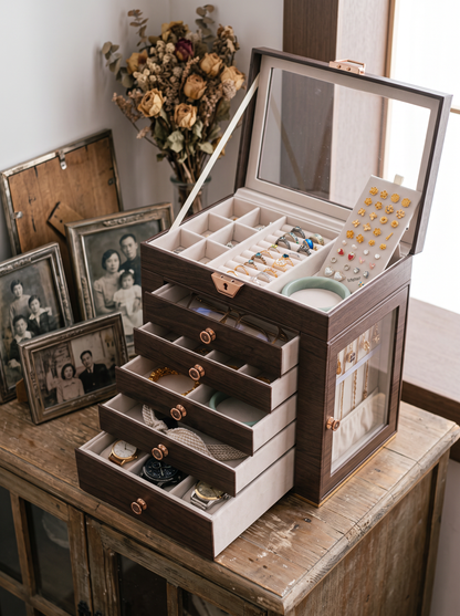 Boîte à Bijoux Multi-Niveaux 6 Étages – Fenêtres, Style Bois Vintage