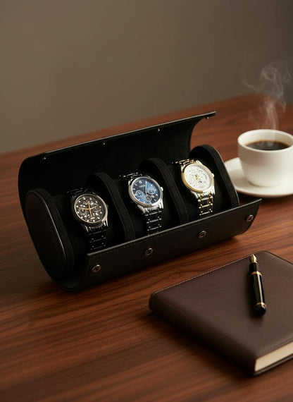 Boîte à 3 montres cuir noir sur bureau, idée cadeau