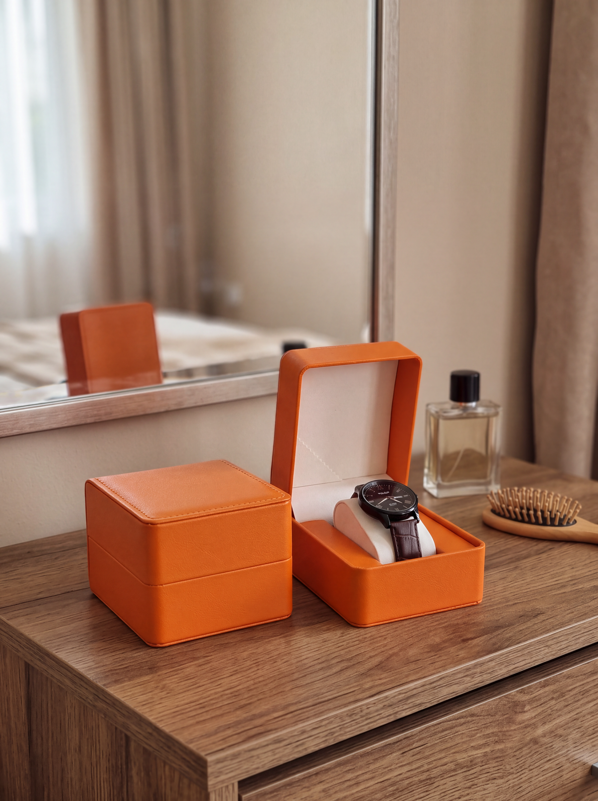 Boîte à Montre Homme 1 Montre Cuir PU Orange – Présentoir Cadeau
