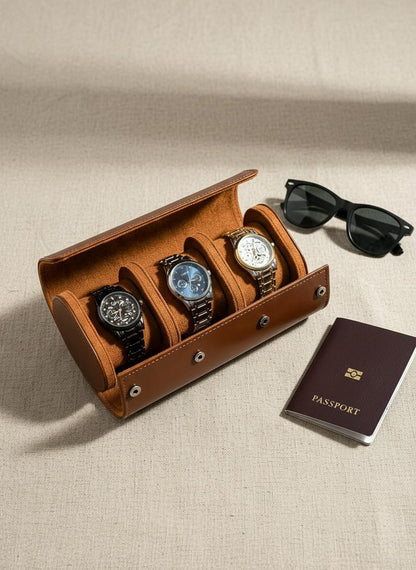 Étui de voyage 3 montres cuir marron avec accessoires