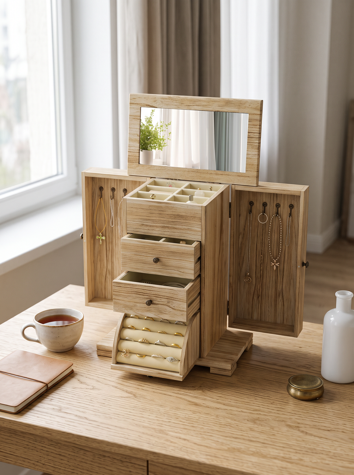 Boîte à Bijoux en Bois 4 Niveaux – 2 Tiroirs et Miroir Intégré