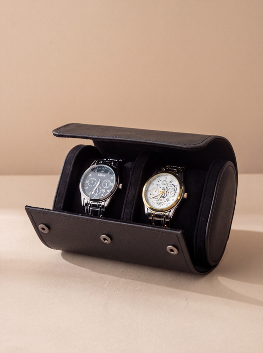 Boîte à Montre Homme 2 Compartiments Cuir Noir Croisé – Fabrication Artisanale