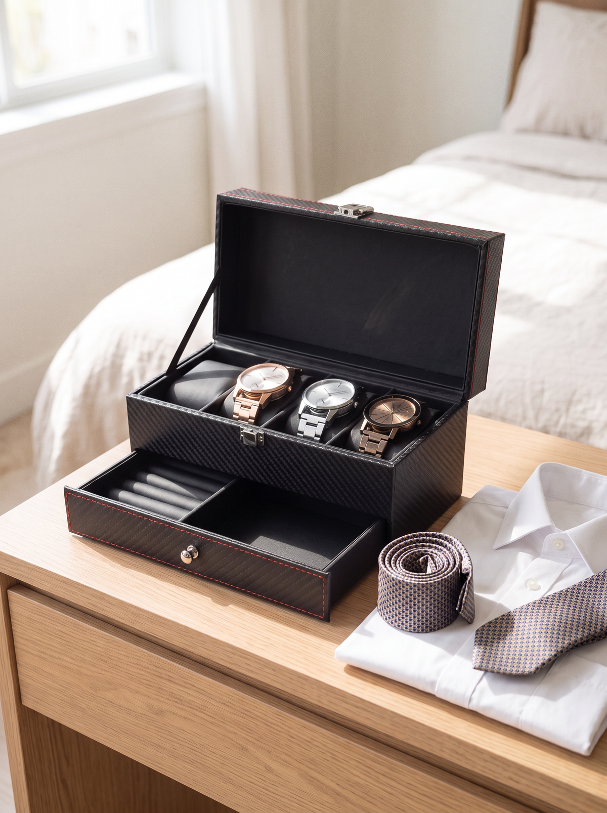 Boîte à Montre Homme Double Niveau Premium Cuir PU Noir – Coffret Cadeau