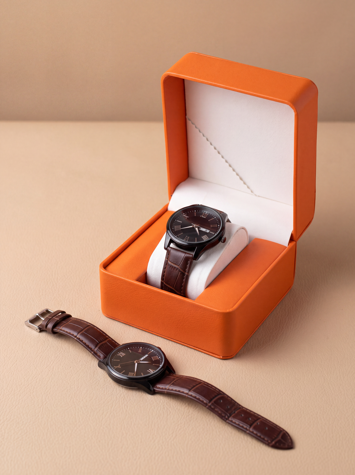 Boîte à Montre Homme 1 Montre Cuir PU Orange – Présentoir Cadeau