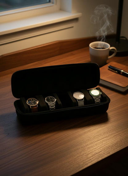 Boîte à 5 montres noire sur bureau, idée cadeau