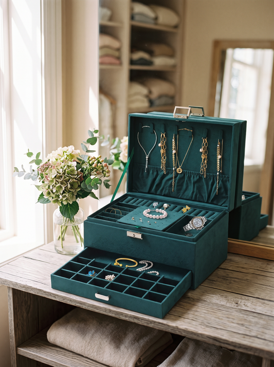Boîte à Bijoux 3 Niveaux Vert Foncé – Tiroirs et Doublure Velours